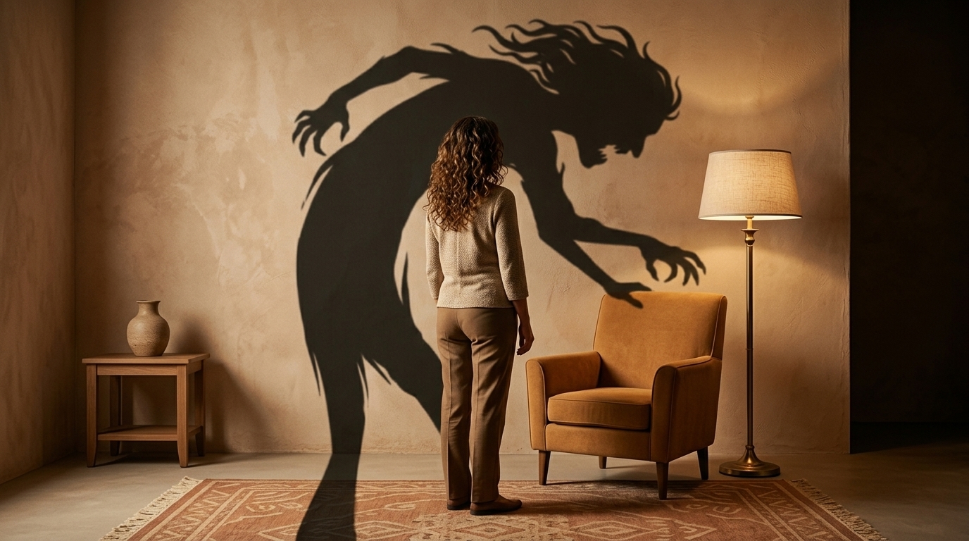 Mujer de espaldas con pelo largo rizado en una habitación cálida, observando su sombra inconsciente proyectada de forma libre sobre la pared frente a un sillón